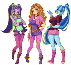 Size: 2392x2178 | Tagged: safe, artist:破坏海胆boom, derpibooru import, adagio dazzle, aria blaze, sonata dusk, human, equestria girls, g4, rainbow rocks, adagiazonga dazzle, aria flat, beckoning, blushing, boots, breasts, butt, cleavage, clothes, delicious flat chest, female, jewelry, looking at you, looking back, looking back at you, necklace, pantyhose, shoes, skirt, small breasts, sonata bust, spiked belt, spiked wristband, the dazzlings