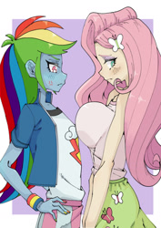 Size: 1191x1684 | Tagged: safe, artist:破坏海胆boom, derpibooru import, fluttershy, rainbow dash, human, equestria girls, g4, asymmetrical docking, blushing, breast envy, breasts, butterfly hairpin, comparison, cross-popping veins, delicious flat chest, duo, emanata, embarrassed, female, flutterdash, hootershy, lesbian, looking at breasts, looking away, passepartout, rainbow flat, shipping, small breasts