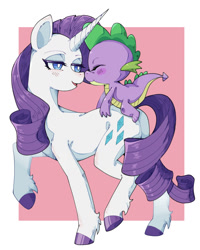 Size: 1191x1492 | Tagged: safe, artist:破坏海胆boom, derpibooru import, rarity, spike, dragon, pony, unicorn, g4, age difference, blushing, boop, butt, cute, dragons riding ponies, duo, duo male and female, eyes closed, female, horn, looking at each other, looking at someone, male, my little pony: friendship is magic, passepartout, plot, riding, riding a pony, shipping, sparity, spikabetes, spike riding rarity, spikelove, straight, wingless spike