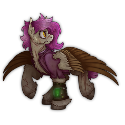 Size: 2300x2300 | Tagged: safe, artist:molars, derpibooru import, oc, oc:molars, pegasus, pony, fallout equestria, ashes town, bitemark, branded, chest fluff, clothes, dashite brand, full body, golden eyes, jacket, pink mane, pipbuck, ponysona, scar, shading, short mane, simple background, solo, spread wings, transparent background, unshorn fetlocks, wings