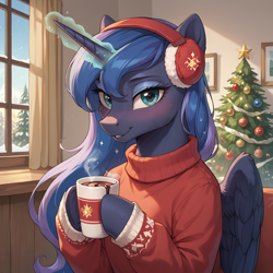 Size: 2048x2048 | Tagged: safe, ai content, derpibooru import, generator:pony diffusion v6 xl, generator:stable diffusion, machine learning generated, princess luna, alicorn, g4, blushing, chocolate, christmas, christmas lights, christmas tree, clothes, cup, earmuffs, folded wings, food, holiday, hoof hold, hot chocolate, indoors, looking at you, prompter:lost conn, smiling, smiling at you, snow, solo, sweater, tree, window, wings, winter