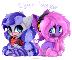 Size: 5000x4200 | Tagged: safe, artist:xsatanielx, derpibooru import, oc, oc only, oc:cinnabyte, oc:lillybit, earth pony, pony, absurd resolution, blushing, bow, chibi, clothes, commission, duo, duo female, ear fluff, ears, earth pony oc, female, glasses, hair bow, headphones, lesbian, looking at each other, looking at someone, mare, music, oc x oc, scarf, sharing, sharing headphones, shipping, simple background, sitting, socks, striped socks, transparent background, ych result