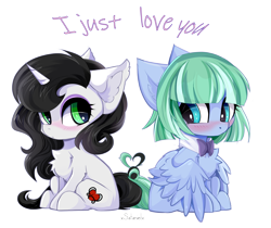 Size: 5000x4200 | Tagged: oc name needed, safe, artist:xsatanielx, derpibooru import, oc, oc only, oc:silky strings, pegasus, pony, unicorn, absurd resolution, blushing, chest fluff, chibi, commission, duo, ear fluff, ears, horn, looking at each other, looking at someone, oc x oc, pegasus oc, shipping, simple background, sitting, spread wings, tail, transparent background, unicorn oc, wings, ych result