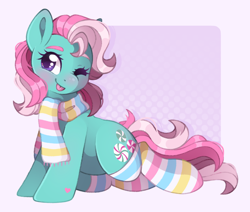 Size: 2048x1739 | Tagged: safe, artist:adostume, derpibooru import, minty, earth pony, pony, g3, :p, clothes, cute, cutie mark, digital art, eyebrows, female, looking at you, mare, one eye closed, passepartout, scarf, smiling, smiling at you, socks, solo, striped socks, tongue, tongue out, wink, winking at you