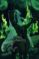 Size: 1565x2354 | Tagged: safe, artist:zitrown, derpibooru import, anthro, changeling, changeling queen, female, fire, fusion:daybreaker, fusion:queen chrysalis, green fire, solo