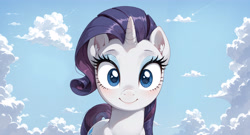 Size: 4736x2560 | Tagged: safe, ai content, derpibooru import, machine learning generated, rarity, pony, unicorn, g4, cloud, female, horn, looking at you, mare, outdoors, prompter:bluetoothworld, sky, smiling, smiling at you, solo, wallpaper