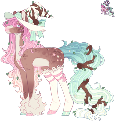 Size: 2634x2800 | Tagged: safe, artist:geckonomicon, artist:sleepy-nova, derpibooru import, oc, oc only, earth pony, pony, blank flank, brown coat, brown eyeshadow, clothes, coat markings, colored belly, colored ears, colored eyebrows, colored eyelashes, colored hooves, colored pinnae, commission, countershading, earth pony oc, eye clipping through hair, eyebrows, eyebrows visible through hair, eyeshadow, facial markings, female, female oc, frilly socks, gradient legs, gradient mane, gradient tail, green eyes, green tail, hair accessory, hat, high res, hooves, lacrimal caruncle, leaves in mane, leaves in tail, leg markings, lidded eyes, long mane, long neck, long tail, looking back, mane accessory, mare, mare oc, mismatched hooves, missing cutie mark, multicolored hooves, no pupils, pale belly, pink eyelashes, pink mane, profile, shiny hooves, simple background, smiling, snip (coat marking), socks, socks (coat marking), solo, standing, tail, tail accessory, tall ears, thick neck, transparent background, unnamed oc, unshorn fetlocks, wavy mane, wavy tail, white socks, witch hat