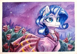 Size: 4024x2837 | Tagged: safe, artist:jsunlight, derpibooru import, rarity, pony, unicorn, clothes, dress, flower, formal wear, gala dress, gown, horn, jewelry, missing accessory, necklace, night, night sky, outdoors, passepartout, rarity's first gala dress, rose, signature, sky, solo, traditional art, watercolor painting