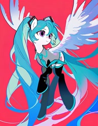 Size: 1792x2304 | Tagged: safe, ai content, artist:jianjiao40987, derpibooru import, machine learning generated, pegasus, pony, anime, black thigh highs, clothes, detached sleeves, female, full body, grey shirt, hair ornament, hatsune miku, mare, necktie, ponified, red background, shirt, simple background, smiling, socks, solo, species swap, spread wings, thigh highs, vocaloid, wings