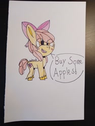 Size: 3060x4080 | Tagged: safe, artist:salty air, derpibooru exclusive, derpibooru import, apple bloom, earth pony, pony, g4, adorabloom, apple bloom's bow, blush lines, blush sticker, blushing, bow, buy some apples, colored pencil drawing, cute, cutie mark, drawing, female, filly, foal, hair bow, no catchlights, open mouth, orange eyes, paper, photo, pink bow, red mane, red tail, signature, smiling, speech bubble, standing, tail, teeth, traditional art, unshorn fetlocks, yellow coat