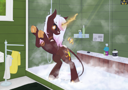 Size: 4092x2893 | Tagged: safe, artist:netango, derpibooru import, oc, oc only, oc:ts'eḥāyi, classical unicorn, pony, unicorn, bath, bathroom, bipedal, bipedal leaning, cloven hooves, commission, curved horn, female, horn, indoors, leaning, leonine tail, looking at you, magic, magic aura, mare, shower, showering, standing, tail, telekinesis, unicorn oc, unshorn fetlocks