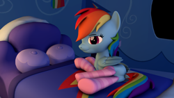 Size: 1920x1080 | Tagged: safe, artist:scorp125, derpibooru import, rainbow dash, pegasus, pony, 3d, bed, butt, clothes, dock, indoors, on bed, plot, rainbow dash's bedroom, rainbutt dash, smiling, socks, solo, source filmmaker, tail