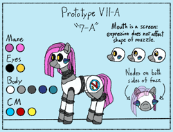 Size: 1605x1225 | Tagged: safe, artist:nukepony360, derpibooru import, oc, oc only, oc:7a, pony, robot, robot pony, android, cutie mark, female, mare, reference sheet, simple background, solo