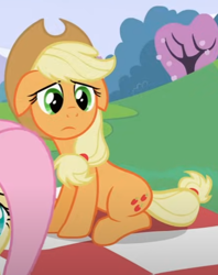 Size: 438x553 | Tagged: safe, derpibooru import, screencap, applejack, fluttershy, earth pony, pegasus, pony, g4, lesson zero, season 2, cropped, cute, ears, floppy ears, frown, jackabetes, my little pony: friendship is magic, outdoors, sad, sadorable, sitting, solo focus