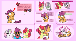 Size: 1155x635 | Tagged: safe, artist:snowflakepone, derpibooru import, apple bloom, scootaloo, sweetie belle, earth pony, pegasus, pony, unicorn, g4, ageplay, burp, caught, comic, cute, cutie mark crusaders, diaper, diaper fetish, exclamation point, female, fetish, filly, foal, horn, messy eating, raspberry, simple background, speech bubble, sweat, sweatdrop, tongue, tongue out, tummy buzz, younger