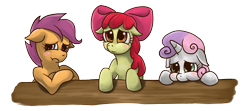 Size: 2043x904 | Tagged: safe, artist:mrs1989, derpibooru import, apple bloom, scootaloo, sweetie belle, earth pony, pegasus, pony, unicorn, g4, blushing, bow, cutie mark crusaders, ears, female, filly, floppy ears, foal, hair bow, horn, pouting, simple background, table, transparent background