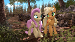 Size: 3840x2160 | Tagged: safe, artist:owlpirate, derpibooru import, applejack, fluttershy, earth pony, pegasus, pony, g4, 3d, 4k, appleshy, duo, duo female, female, forest, hatless, high res, lesbian, mare, missing accessory, nature, open mouth, open smile, outdoors, shipping, smiling, source filmmaker, tree, walking