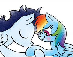 Size: 1280x1007 | Tagged: safe, artist:mrsdashskies, derpibooru import, rainbow dash, soarin', pegasus, pony, blushing, cute, dashabetes, female, heartwarming, hoof kissing, kissing, male, mare, rainbow dash is best pony, shipping, soarindash, stallion, straight