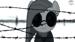 Size: 3840x2160 | Tagged: safe, artist:mbesto, derpibooru import, pinkie pie, earth pony, pony, barbed wire, black and white, clothes, crossover, egor letov, female, glasses, grayscale, looking at you, mare, monochrome, pinkamena diane pie, show accurate, solo, wires