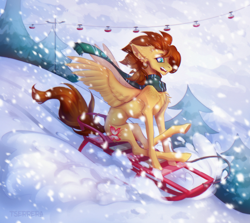 Size: 2210x1971 | Tagged: safe, alternate version, artist:tserrera, derpibooru import, oc, oc only, oc:yuris, pegasus, art trade, clothes, ears back, forest, harry potter (series), nature, open mouth, scarf, sleigh, slytherin, snow, solo, tree, winter