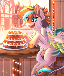 Size: 2558x3053 | Tagged: safe, artist:yuris, derpibooru import, oc, pegasus, pony, art trade, cafe, cake, chair, comfort, cute, drool, food, garland, house, indoors, open mouth, room, smiling, solo, table, window, winter