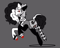 Size: 3518x2834 | Tagged: safe, artist:starfynch, derpibooru import, oc, oc only, oc:ringmaster, earth pony, pony, bow, bowtie, clothes, clown, eyes closed, face paint, female, gray background, hair bow, mare, mismatched socks, ringmaster, shirt, simple background, socks, solo, stockings, thigh highs, unshorn fetlocks