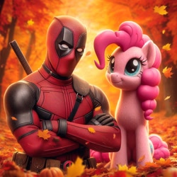 Size: 1024x1024 | Tagged: safe, ai content, derpibooru import, machine learning generated, pinkie pie, earth pony, human, g4, autumn, crossover, deadpool, female, leaves, male, marvel, marvel comics, outdoors, prompter:bluey2309