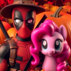 Size: 1024x1024 | Tagged: safe, ai content, derpibooru import, machine learning generated, pinkie pie, earth pony, human, crossover, deadpool, female, looking at you, male, marvel, outdoors, prompter:bluey2309, pumpkin