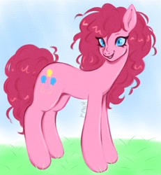 Size: 3779x4096 | Tagged: safe, artist:starfynch, derpibooru import, pinkie pie, earth pony, pony, g4, alternate hairstyle, eyelashes, female, grass, head turn, mare, messy mane, outdoors, side view, smiling, solo