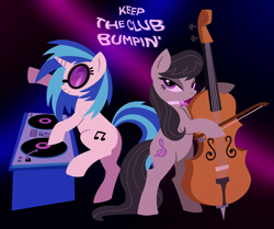 Size: 4256x3554 | Tagged: safe, artist:catponything, derpibooru import, dj pon-3, octavia melody, vinyl scratch, earth pony, pony, unicorn, g4, bipedal, bow (instrument), bowtie, cello, cello bow, duo, duo female, female, glasses, horn, lesbian, looking at you, musical instrument, nightclub, raised hoof, raised leg, serious, serious face, smiling, standing, standing on one leg, strobe lights, sunglasses, text, turntable