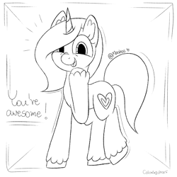 Size: 2755x2755 | Tagged: safe, artist:mashee, derpibooru import, oc, oc only, oc:mashee, pony, unicorn, cheerful, coloring page, cutie mark, female, firealpaca, full body, happy, heart, heart ears, hoof fluff, hooves, hooves up, horn, lineart, looking at you, mare, monochrome, open mouth, ponysona, simple background, solo, white background