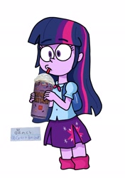 Size: 1439x2048 | Tagged: safe, artist:garybaldor, derpibooru import, twilight sparkle, human, equestria girls, g4, clothes, drink, drinking, drinking straw, female, grimace shake, mcdonald's, meme, milkshake, shirt, signature, simple background, skirt, solo, white background