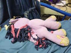 Size: 2080x1560 | Tagged: safe, artist:garybaldor, derpibooru import, twilight sparkle, twilight sparkle (alicorn), alicorn, pony, g4, female, hoof shoes, indoors, irl, lying down, mare, on side, photo, plushie, princess shoes, solo, unconscious, wings