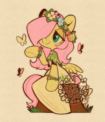 Size: 2911x3368 | Tagged: safe, artist:colorfulcolor233, derpibooru import, part of a set, fluttershy, butterfly, pegasus, pony, rabbit, semi-anthro, g4, animal, bracelet, clothes, cute, cutie mark on clothes, dress, female, floral head wreath, flower, flower bracelet, hair over one eye, jewelry, shyabetes, simple background, sitting, solo, tree stump