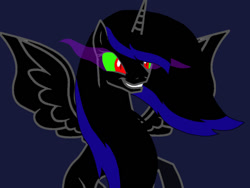 Size: 1000x750 | Tagged: safe, artist:arska-bases, artist:moonofheaven1, derpibooru import, oc, oc only, oc:thunderstorm blackcrystal, alicorn, pony, alicorn oc, base used, blue background, dark blue background, dark magic, edgy, evil smile, flying, horn, in air, simple background, smiling, solo, sombra eyes, spread wings, wings