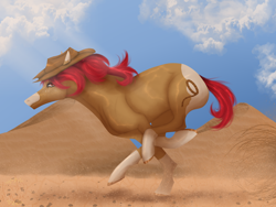 Size: 2160x1620 | Tagged: safe, artist:lordlyric, derpibooru import, oc, oc only, oc:maple lasso, earth pony, pony, g4, country, countryside, desert, female, lineless, outdoors, painting, running, solo