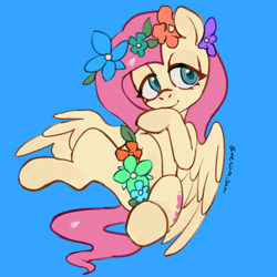 Size: 4096x4096 | Tagged: safe, artist:metaruscarlet, derpibooru import, fluttershy, pegasus, pony, g4, blue background, flower, lying down, simple background, solo, spread wings, wings