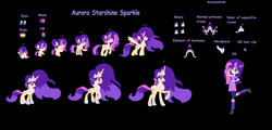 Size: 1280x612 | Tagged: safe, artist:aurorastarsparkle, derpibooru import, oc, oc only, oc:aurora starshine sparkle, alicorn, pony, equestria girls, g4, 5-year-old, adult, age progression, baby, baby pony, base used, big mane, bio in description, black background, crown, element of magic, ethereal mane, female, filly, foal, hoof shoes, jewelry, offspring, older, parent:flash sentry, parent:twilight sparkle, parents:flashlight, reference sheet, regalia, simple background, solo, teenager, tiara