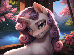 Size: 8192x6144 | Tagged: safe, ai content, derpibooru import, machine learning generated, sweetie belle, pony, unicorn, g4, 4k, absurd resolution, bedroom eyes, chest fluff, female, fluffy, forest, fur, glowing, glowing eyes, high res, horn, indoors, lake, looking at you, mare, mountain, nature, outdoors, prompter:molagbal, seductive, seductive look, smiling, smiling at you, solo, tree, water