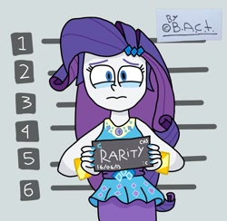 Size: 1024x1001 | Tagged: safe, artist:garybaldor, derpibooru import, rarity, human, equestria girls, g4, barbie mugshot meme, blue nail polish, clothes, female, looking at you, meme, mugshot, rarity peplum dress, scared, solo