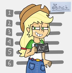 Size: 1018x1024 | Tagged: safe, artist:garybaldor, derpibooru import, applejack, human, equestria girls, g4, applejack's hat, barbie mugshot meme, clothes, cowboy hat, female, freckles, grin, hat, meme, mugshot, shirt, skirt, smiling, solo, squint