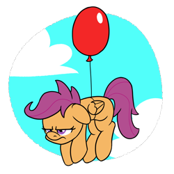 Size: 800x800 | Tagged: safe, artist:unitxxvii, derpibooru import, scootaloo, pegasus, pony, g4, balloon, blank flank, cloud, ears, female, filly, floating, floppy ears, foal, folded wings, frown, furrowed brow, outdoors, partially transparent background, scootaloo is not amused, solo, unamused, wings