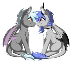 Size: 3600x3038 | Tagged: safe, alternate version, artist:melodytheartpony, derpibooru import, oc, oc only, oc:chain lightning, oc:melody silver, dracony, dragon, hybrid, pegasus, choker, commission, dragon wings, duo, ear piercing, facing each other, female, feral, happy, long mane, looking at each other, looking at someone, male, mare, piercing, red eyes, short mane, signature, simple background, sitting, smiling, spread wings, white background, wings, ych result