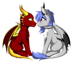 Size: 3600x3038 | Tagged: oc name needed, safe, alternate version, artist:melodytheartpony, derpibooru import, oc, oc only, oc:anon, oc:melody silver, dracony, dragon, hybrid, pegasus, choker, commission, dragon wings, duo, ear piercing, facing each other, female, feral, happy, long mane, looking at each other, looking at someone, male, mare, piercing, red eyes, short mane, signature, simple background, sitting, smiling, spread wings, white background, wings, ych result