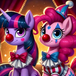 Size: 1024x1024 | Tagged: safe, ai content, derpibooru import, generator:bing image creator, generator:dall-e 3, machine learning generated, pinkie pie, twilight sparkle, earth pony, unicorn, g4, alternate cutie mark, bowtie, clown, clown nose, curtains, duo, female, hat, horn, mare, prompter:heydude5321, red nose