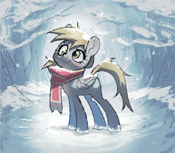 Size: 2632x2296 | Tagged: safe, artist:azaani, derpibooru import, derpy hooves, pegasus, pony, g4, clothes, cute, derpabetes, female, forest, high res, mare, nature, nyan cat, outdoors, scarf, smiling, snow, solo, sparkles, sunlight, tree, winter