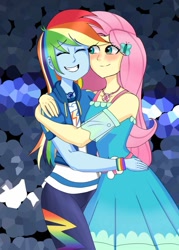 Size: 733x1024 | Tagged: artist needed, safe, derpibooru import, fluttershy, rainbow dash, human, equestria girls, g4, art trade, barette, blushing, clothes, dress, duo, duo female, eyes closed, female, flutterdash, fluttershy boho dress, grin, hairclip, hug, jacket, lesbian, pants, shipping, shirt, smiling