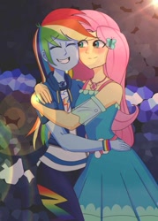 Size: 733x1024 | Tagged: artist needed, safe, alternate version, artist:garybaldor, derpibooru import, fluttershy, rainbow dash, human, equestria girls, g4, art trade, blushing, clothes, dress, duo, duo female, eyes closed, female, flutterdash, fluttershy boho dress, grin, hairclip, hug, jacket, lens flare, lesbian, pants, shipping, shirt, smiling