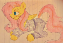 Size: 2442x1675 | Tagged: safe, artist:catponything, derpibooru import, fluttershy, pegasus, pony, g4, bags under eyes, clothes, folded wings, lidded eyes, lying down, marker drawing, messy mane, nightshirt, pajamas, pants, pencil drawing, prone, sleepy, smiling, solo, sweatpants, traditional art, wings