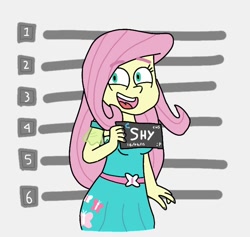 Size: 690x653 | Tagged: safe, alternate version, artist:garybaldor, derpibooru import, fluttershy, human, equestria girls, g4, barbie mugshot meme, clothes, dress, female, meme, mugshot, nail polish, open mouth, open smile, smiling, solo